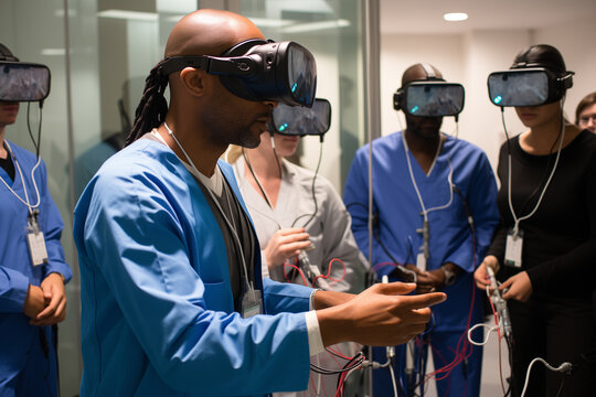 A group of medical students gathered around a VR training setup where one of their peers equipped with a VR headset and haptic feedback gloves performs a