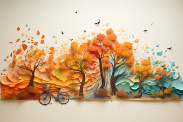 An abstract colorful representation of the cycle of sustainability with bicycles intertwined with nature elements symbolizing harmony between humans and the environment