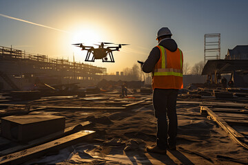 An aerial drone with a compact high tech design inspecting a large construction site It is equipped with thermal imaging and LIDAR sensors capturing real time data of the - obrazy, fototapety, plakaty