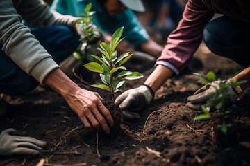 An editorial photography style snapshot of a diverse group of volunteers planting trees showcasing the importance of sustainability and community involvement with a focus on the hands on action and - obrazy, fototapety, plakaty