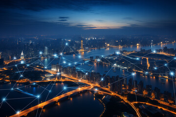 Fototapeta na wymiar An aerial view of a sprawling smart city at twilight where IoT systems seamlessly integrate into urban life Skyscrapers equipped with energy efficient sensors