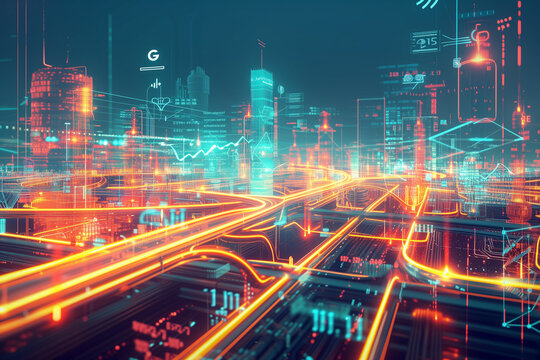 An abstract conceptual visualization of 5G technology as the backbone of a digital industrial revolution The illustration uses a mix of geometric shapes and