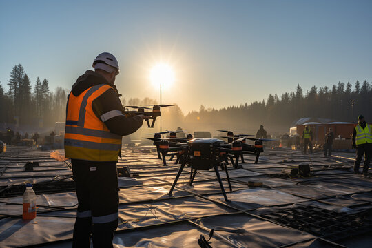 An aerial drone with a compact high tech design inspecting a large construction site It is equipped with thermal imaging and LIDAR sensors capturing real time data of the
