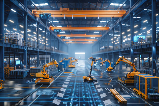An expansive industrial warehouse equipped with automated machinery and robots all seamlessly connected via 5G technology The image showcases a network of drones scanning