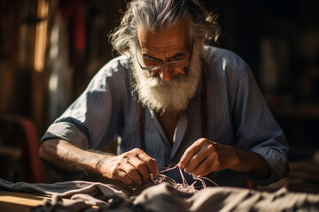 photography showcasing the sustainable practice of repairing damaged clothes capturing the skilled hands of tailors and individuals as they mend and breathe new life into worn fabrics - obrazy, fototapety, plakaty