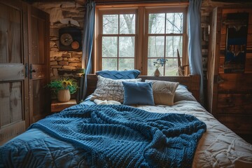 a rustic bedroom with a wooden bed and a blue quilt