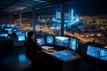 The interior of a smart citys control center where large screens display real time data from various IoT devices across the city Engineers and city planners monitor and