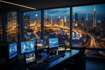 The interior of a smart citys control center where large screens display real time data from various IoT devices across the city Engineers and city planners monitor and