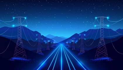 High voltage power lines glowing in blue light against dark night sky in detailed vector style
