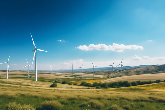Magazine style photo shoot of wind turbines in a field under the clear blue sky emphasizing the elegance and efficiency of renewable energy sources with a narrative on sustainability