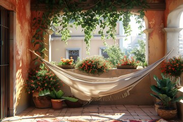 Fototapeta na wymiar a sunny balcony with a hammock and a flower pot
