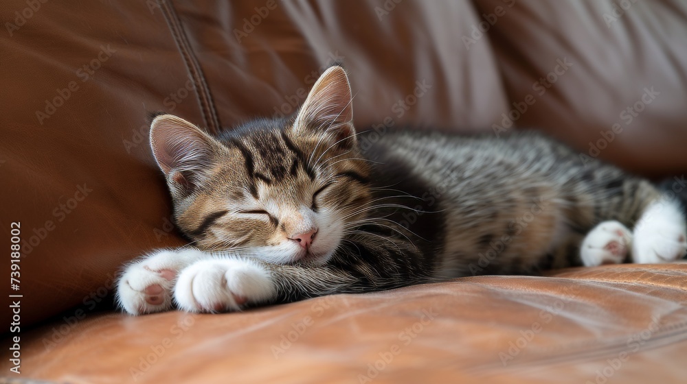 Poster serene lazy cat peacefully napping on a cozy couch in a comfortable living room setting