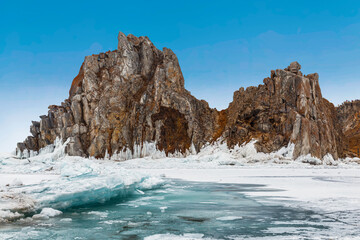 View of Shamanka rock on a sunny winter day. Lake Baikal, Olkhon island. Eastern Siberia, Russia - 739188040