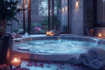 a luxurious spa with a jacuzzi and a candle - obrazy, fototapety, plakaty