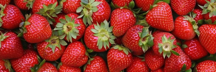 Top view of abundance of fresh red strawberries piled on background, juicy berry harvest concept