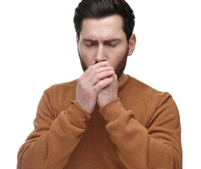 Sick man coughing on white background. Cold symptoms