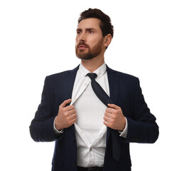 Confident businessman wearing superhero costume under suit on white background