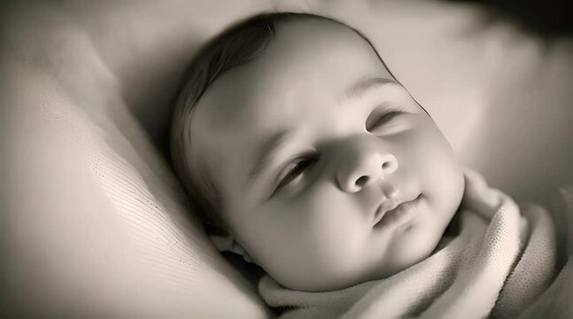 A serene scene of a newborn baby peacefully sleeping, captured in timeless monochrome tones