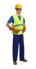 Young man wearing safety equipment on white background