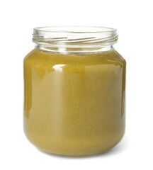 Baby food. Tasty healthy puree in jar isolated on white