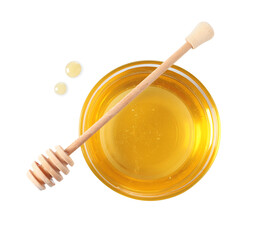 Tasty honey in bowl and dipper isolated on white, top view