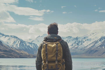 A man carrying a backpack travels and explores the beautiful nature sceneries