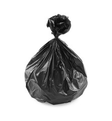 Black plastic garbage bag isolated on white