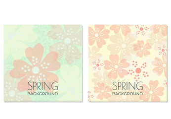 Spring trendy vector backgrounds with flowers, green branches and leaves. Art illustration for card, banner, invitation, social media post, poster, mobile apps