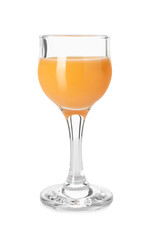 Tasty tangerine liqueur in glass isolated on white