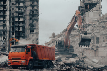 construction equipment destroys affected houses war in Ukraine