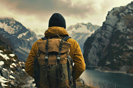 A man carrying a backpack travels and explores the beautiful nature sceneries
