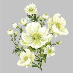 Delicate bouquet of white flowers. Isolated print.  - 739190422