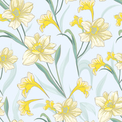 Fototapeta na wymiar Narcissus flowers. Spring floral seamless pattern. Pastel flowers. Print for fabric, packaging, wallpaper, dishes, home textiles.
