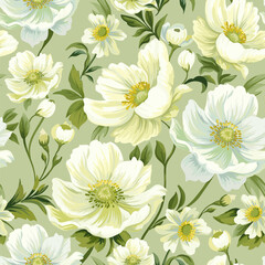 Apple tree flowers on a green background. Spring blossom seamless pattern.
