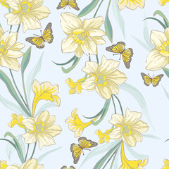 Fototapeta na wymiar Graceful luxurious floral pattern of daffodils and butterflies. Seamless pattern of yellow flowers on a bare background. For textiles, packaging, wallpaper and other surfaces.