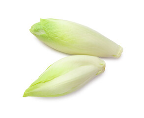 Raw ripe chicories on white background, top view