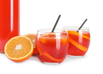 Aperol spritz cocktail, straws and orange slices in glasses isolated on white