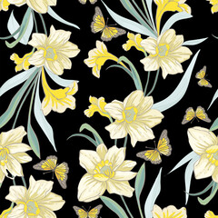 Spring flowers narcissus. floral seamless pattern. Bright colors. Print for fabric, packaging, wallpaper, dishes, home textiles.