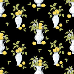 Seamless pattern of Sicia lemons in a vase on a black background. Italian print. 