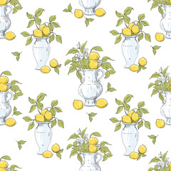 Sketch, luxurious vases and lemons. Seamless pattern lemons in an antique vase on a white background.