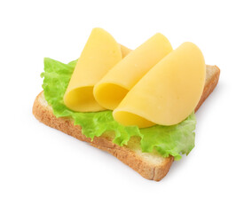 Tasty sandwich with slices of fresh cheese and lettuce isolated on white