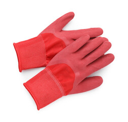 Pair of red gardening gloves isolated on white, top view