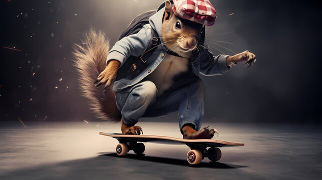 A skateboarder squirrel in streetwear, doing tricks while grooving to skate punk tunes on in-ear monitors