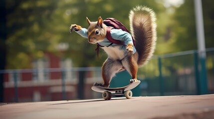 A skateboarder squirrel in streetwear, doing tricks while grooving to skate punk tunes on in-ear...