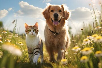 a cat and a cheerful dog walking in a sunny spring meadow. Concept Pets, Friendship, Sunny Day, Spring Outing