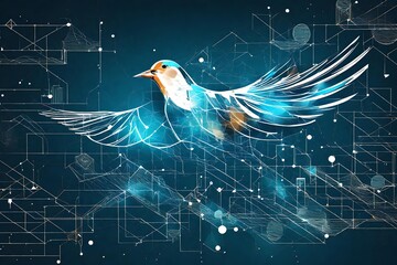 Harmonious data flow concept with Digital magpie bird flying, Generative AI illustration - obrazy, fototapety, plakaty