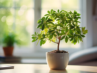 A money tree in Apotheken on livingroom table  at home, blurry interior background   