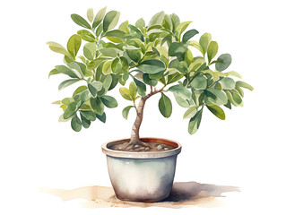 Fototapeta premium Illustration of a small money tree in a pot on white background 