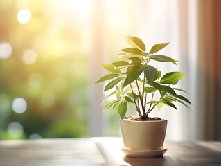 A money tree in Apotheken on livingroom table  at home, blurry interior background   