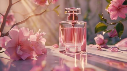 Beautiful pink perfume bottle on a countertop with flowers. Floral fragrance and cologne.